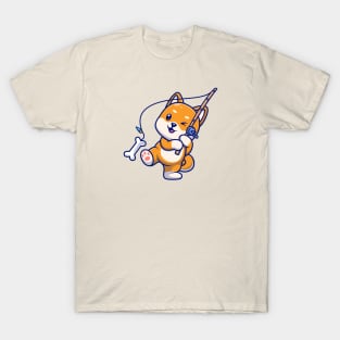 Cute Shiba Inu Dog Fishing Bone Cartoon T-Shirt